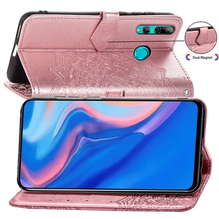 Cartera Funda de Teléfono de Cuero con Flores Grabadas en Relieve para Huawei Honor 9X (Global)/ Y9 Prime 2019 / Enjoy 10 Plus - Oro Rosa