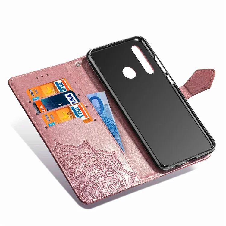 Cartera Funda de Teléfono de Cuero con Flores Grabadas en Relieve para Huawei Honor 9X (Global)/ Y9 Prime 2019 / Enjoy 10 Plus - Oro Rosa