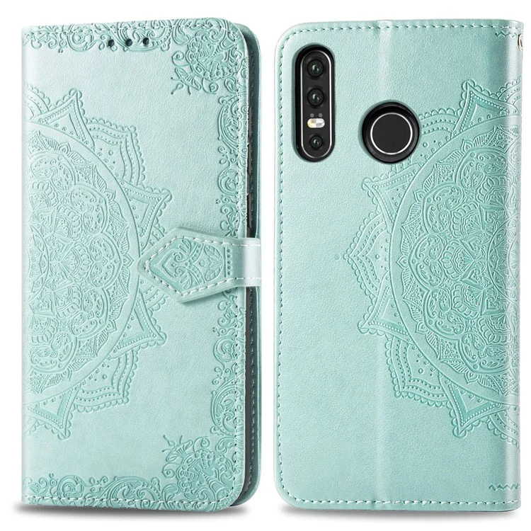 Embossed Mandala Flower Cell Phone Leather Wallet Case for Huawei P30 Lite New Edition/P30 Lite/nova 4e - Cyan