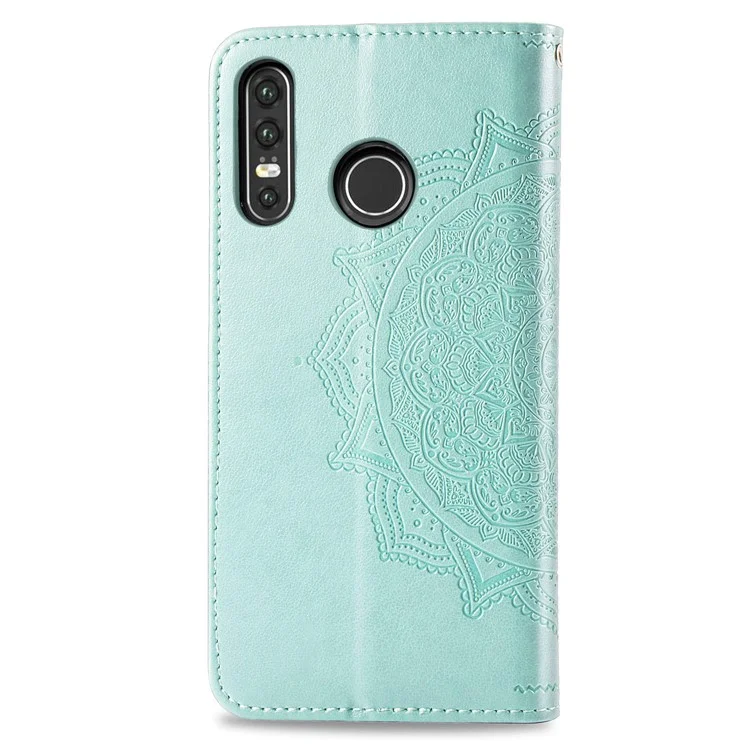 Embossed Mandala Flower Cell Phone Leather Wallet Case for Huawei P30 Lite New Edition/P30 Lite/nova 4e - Cyan