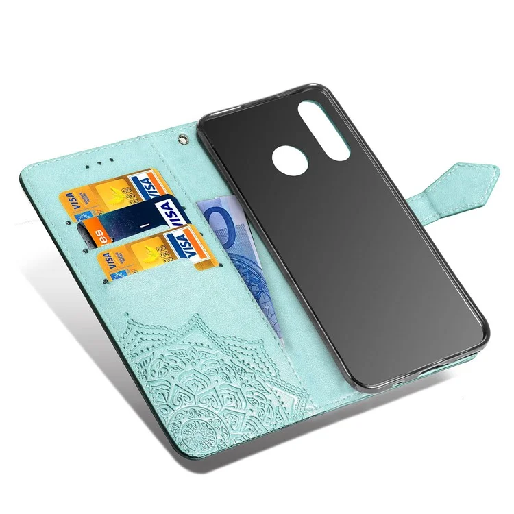 Embossed Mandala Flower Cell Phone Leather Wallet Case for Huawei P30 Lite New Edition/P30 Lite/nova 4e - Cyan