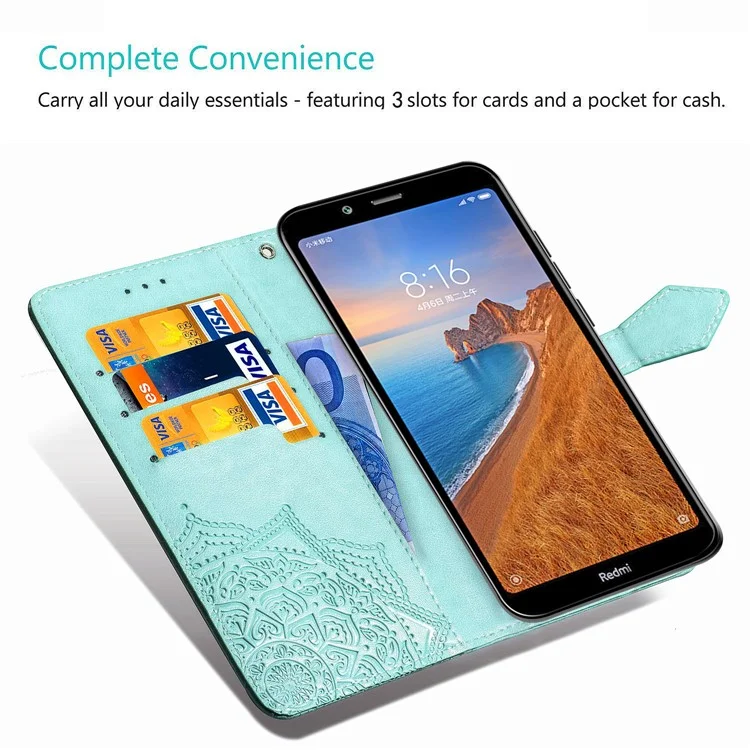 Embossed Mandala Flower Cell Phone Leather Wallet Case for Huawei P30 Lite New Edition/P30 Lite/nova 4e - Cyan