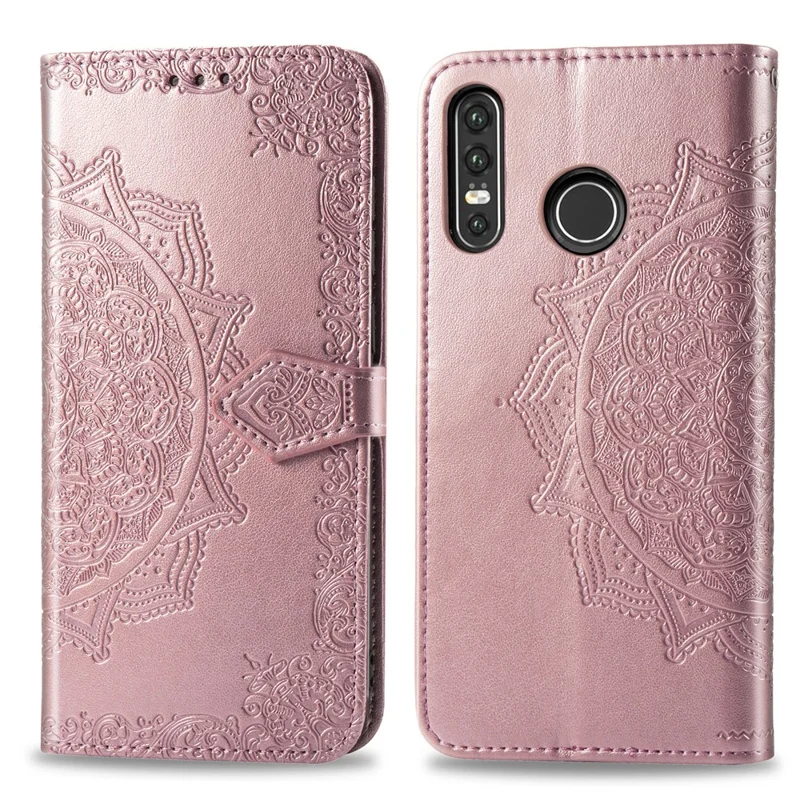 Embossed Mandala Flower Cell Phone Leather Wallet Case for Huawei P30 Lite New Edition/P30 Lite/nova 4e - Rose Gold
