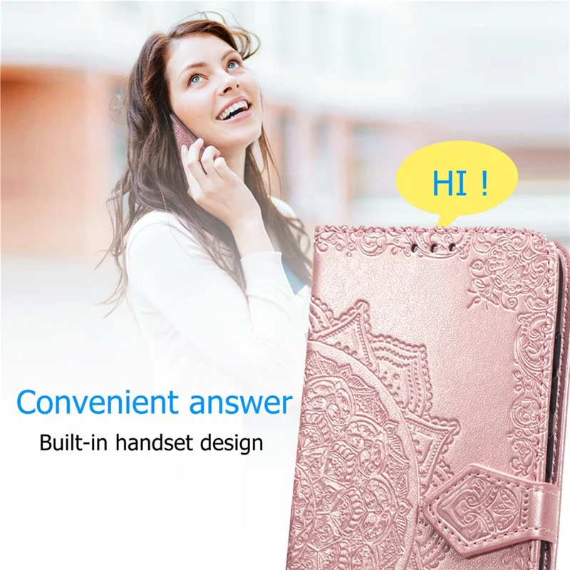 Embossed Mandala Flower Cell Phone Leather Wallet Case for Huawei P30 Lite New Edition/P30 Lite/nova 4e - Rose Gold