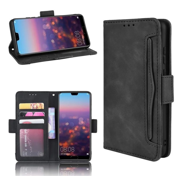 Leather Wallet Stand Phone Cover with Multiple Card Slots Protective Shell for Huawei P20 - Black