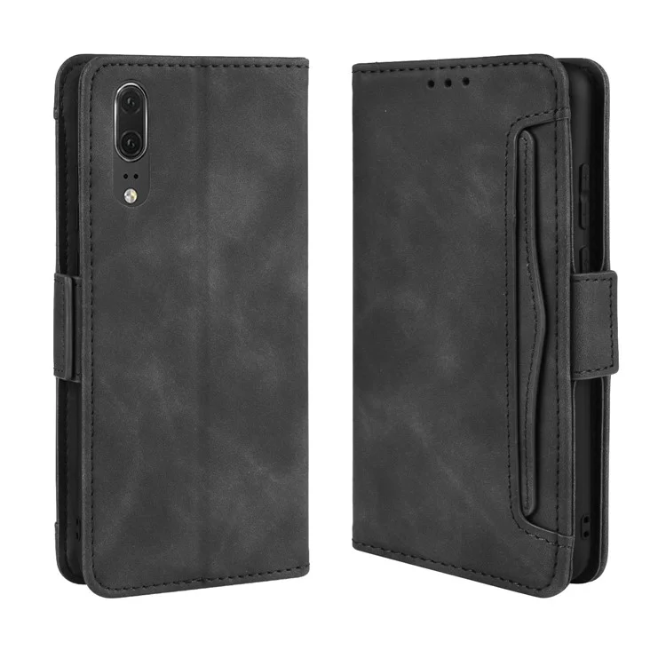 Leather Wallet Stand Phone Cover with Multiple Card Slots Protective Shell for Huawei P20 - Black