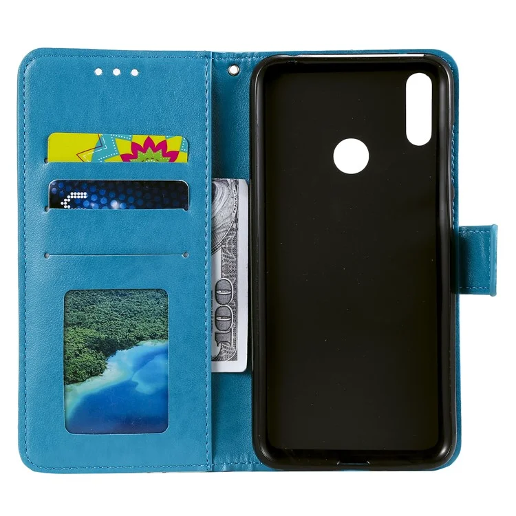 Imprint Flower Leather Wallet Cell Phone Casing Shell for Huawei Y7 (2019) - Blue