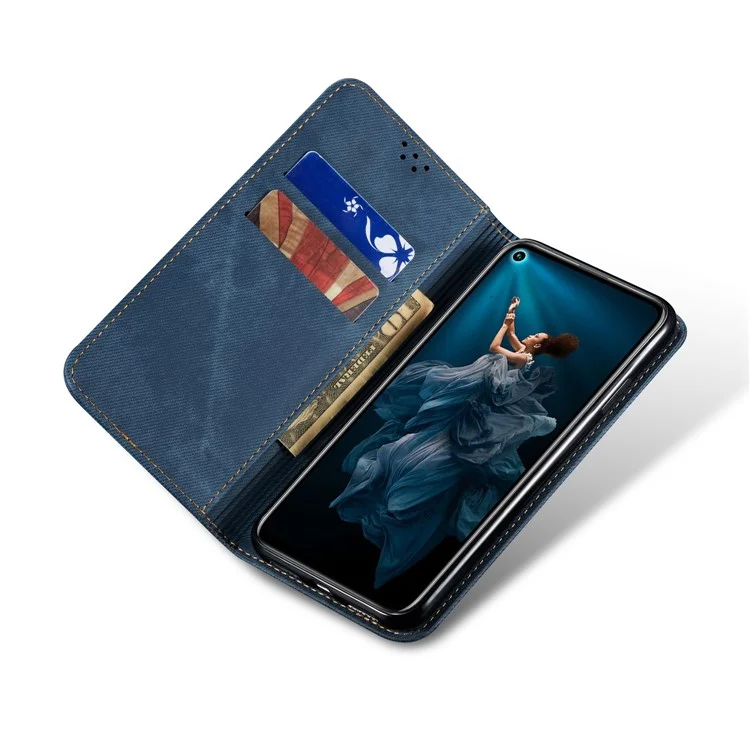 Retro Style Jeans Cloth Leather Wallet Case for Huawei Honor 20 / nova 5T - Blue