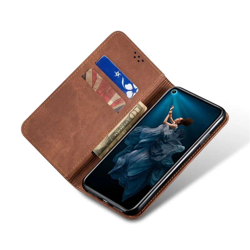 Retro Style Jeans Cloth Leather Wallet Case for Huawei Honor 20 / nova 5T - Coffee