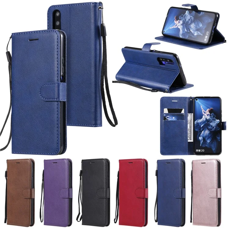 For Huawei Honor 20 / nova 5T Case Solid Color Leather Mobile Cover Wallet Stand with Strap - Blue