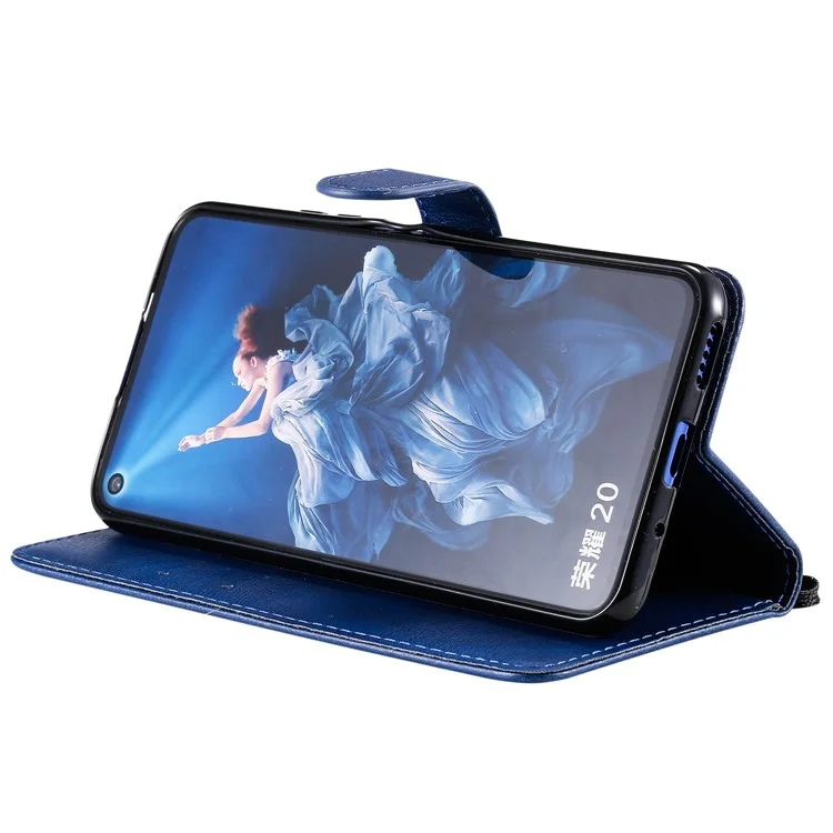 For Huawei Honor 20 / nova 5T Case Solid Color Leather Mobile Cover Wallet Stand with Strap - Blue