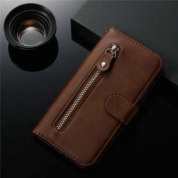 Soporte de Billetera de Bolsillo Con Cremallera Flip Cuero Cover Para Huawei Honor 9x Pro/Honor 9x (para China) - Marrón