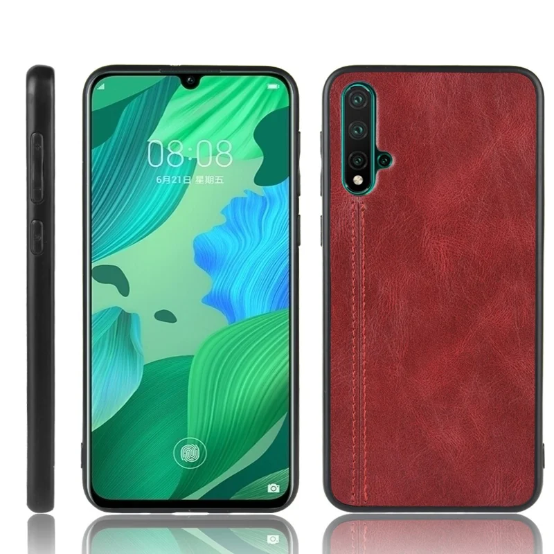 Leather Coated PC + TPU Hybrid Phone Case for Huawei Nova 5 Pro / Nova 5 - Red
