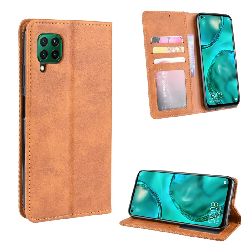 Vintage Style Leather Wallet Stand Case for Huawei P40 lite/nova 7i/nova 6 SE - Brown