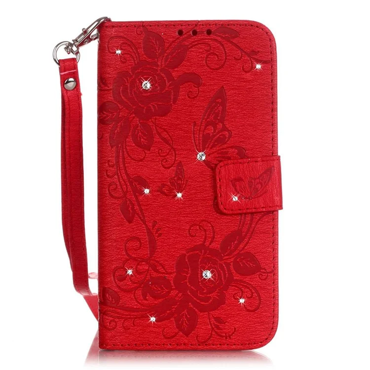 Butterfly Flower Rhinestones Leather Wallet Shell for Huawei P9 Lite/G9 Lite - Red