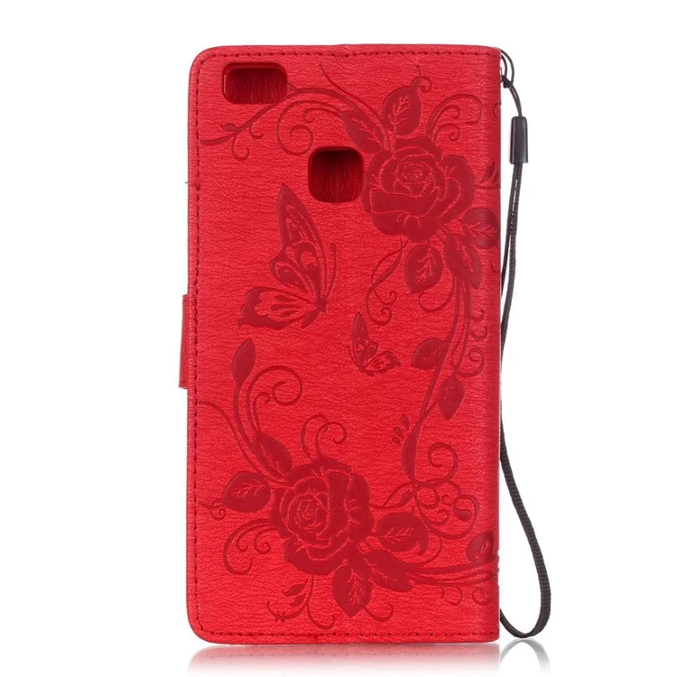 Butterfly Flower Rhinestones Leather Wallet Shell for Huawei P9 Lite/G9 Lite - Red