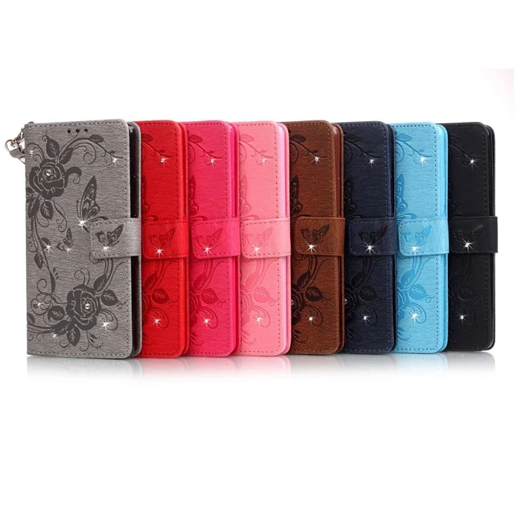 Butterfly Flower Rhinestones Leather Wallet Shell for Huawei P9 Lite/G9 Lite - Red