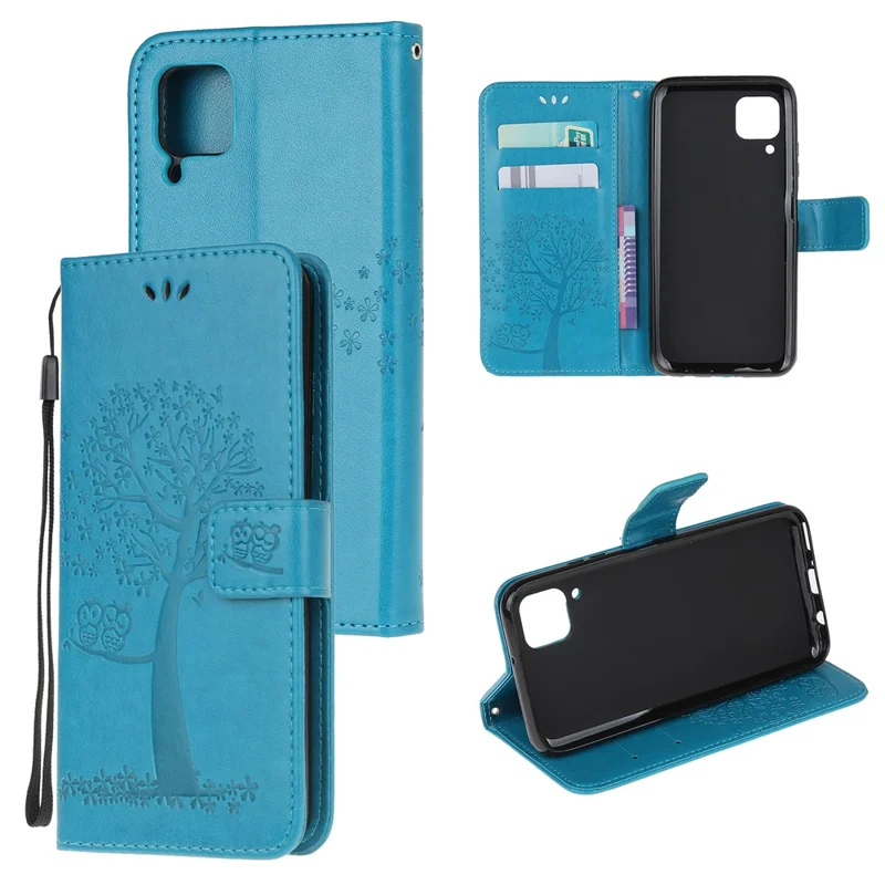 For Huawei P40 Lite/nova 7i/nova 6 SE Imprint Tree Owl Leather Wallet Stand Shell - Blue