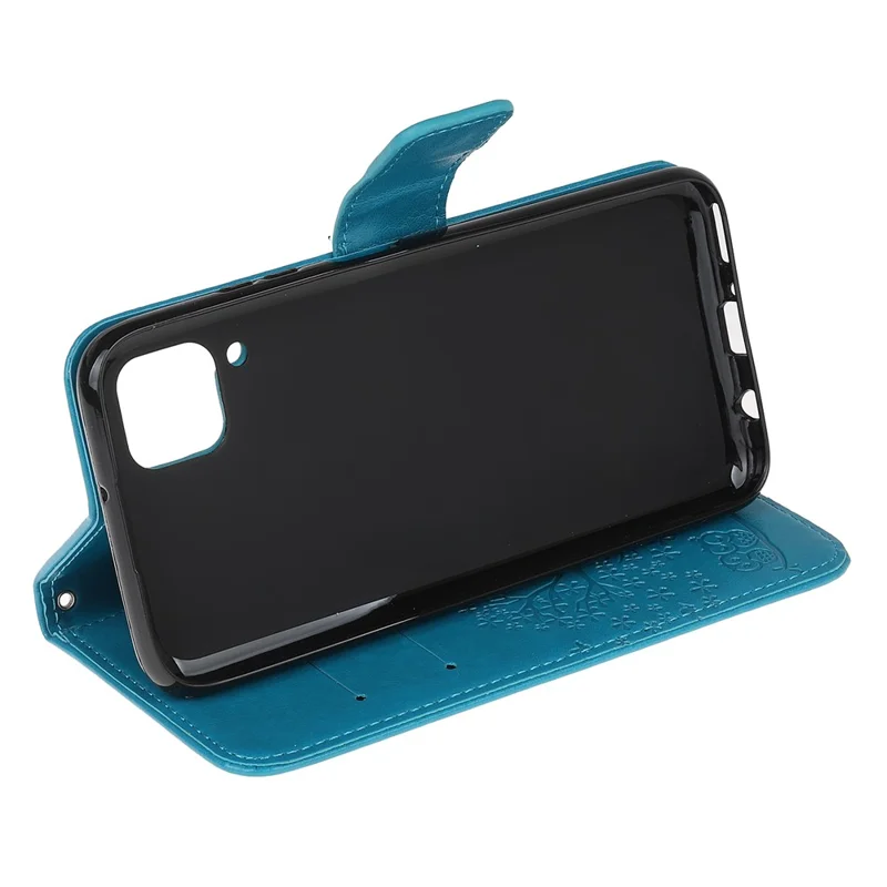 For Huawei P40 Lite/nova 7i/nova 6 SE Imprint Tree Owl Leather Wallet Stand Shell - Blue