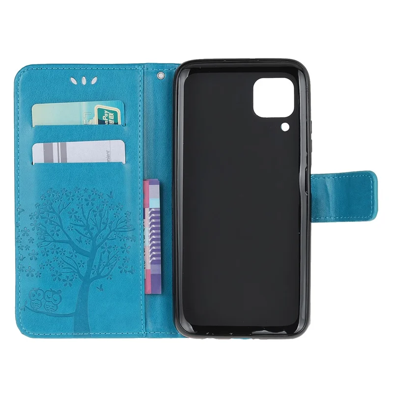 For Huawei P40 Lite/nova 7i/nova 6 SE Imprint Tree Owl Leather Wallet Stand Shell - Blue