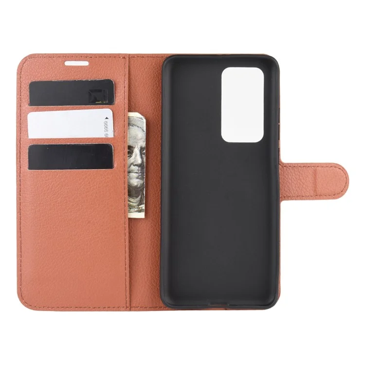 Litchi Texture Leather Wallet Stand Case Phone Shell for Huawei P40 Pro - Brown