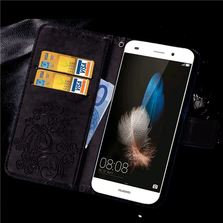 Imprinted Four-leaf Clovers Leather Case for Huawei Ascend P8 Lite - Black