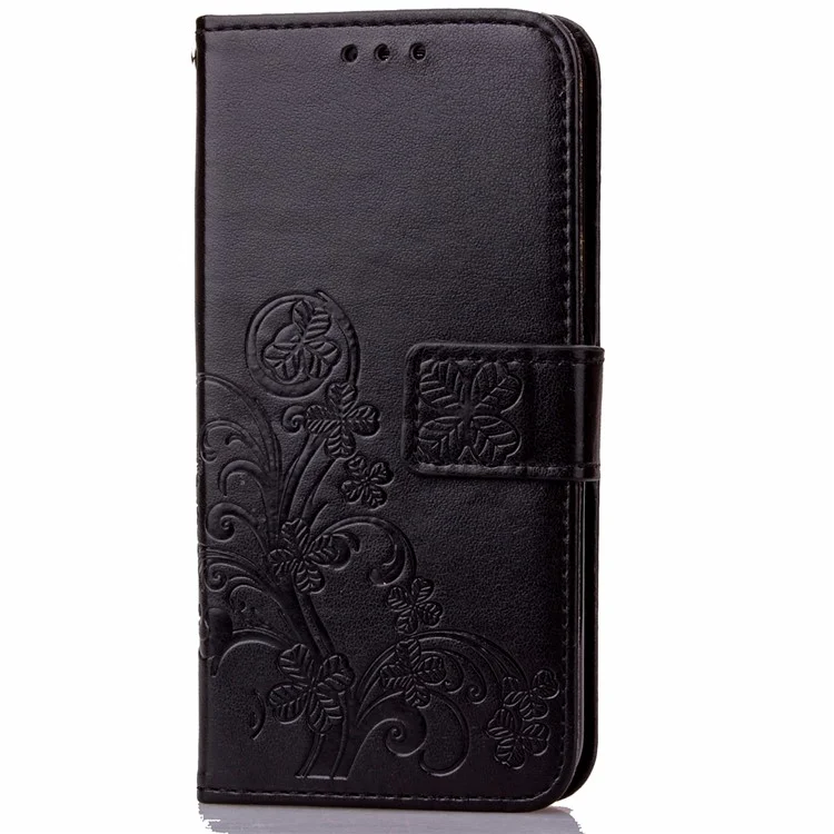 Imprinted Four-leaf Clovers Leather Case for Huawei Ascend P8 Lite - Black