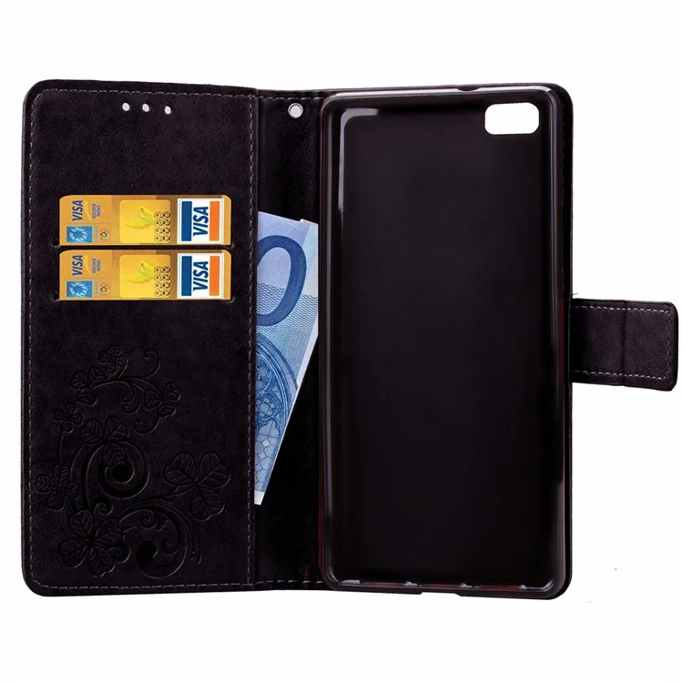 Imprinted Four-leaf Clovers Leather Case for Huawei Ascend P8 Lite - Black