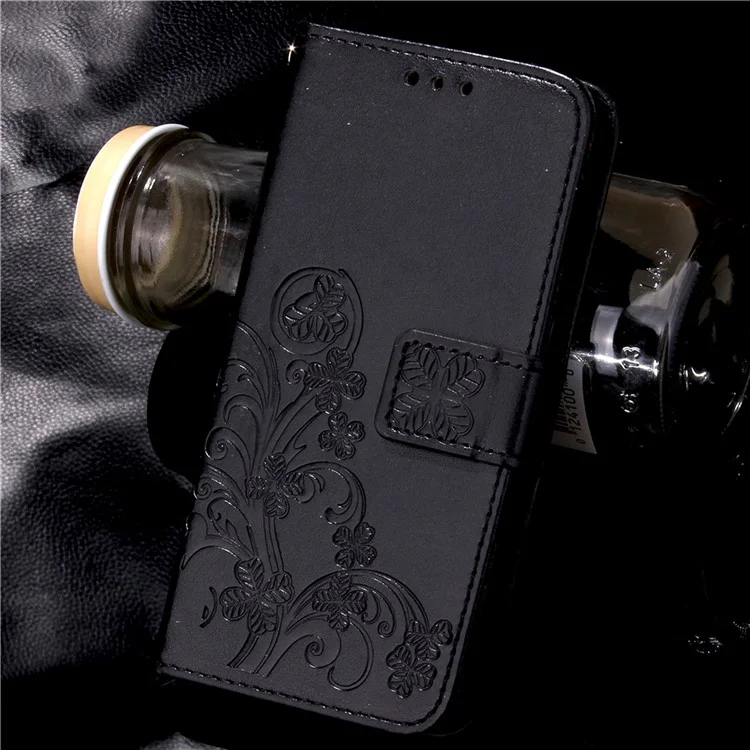 Imprinted Four-leaf Clovers Leather Case for Huawei Ascend P8 Lite - Black