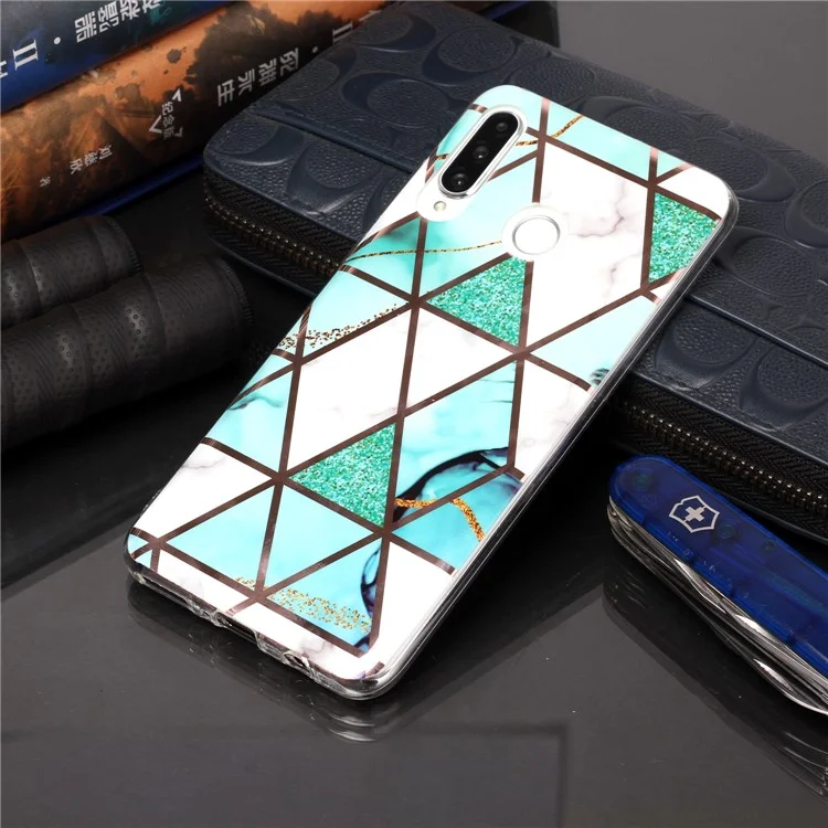 Marble Pattern Electroplating IMD TPU Back Shell for Huawei P30 Lite/Nova 4e - White/Cyan