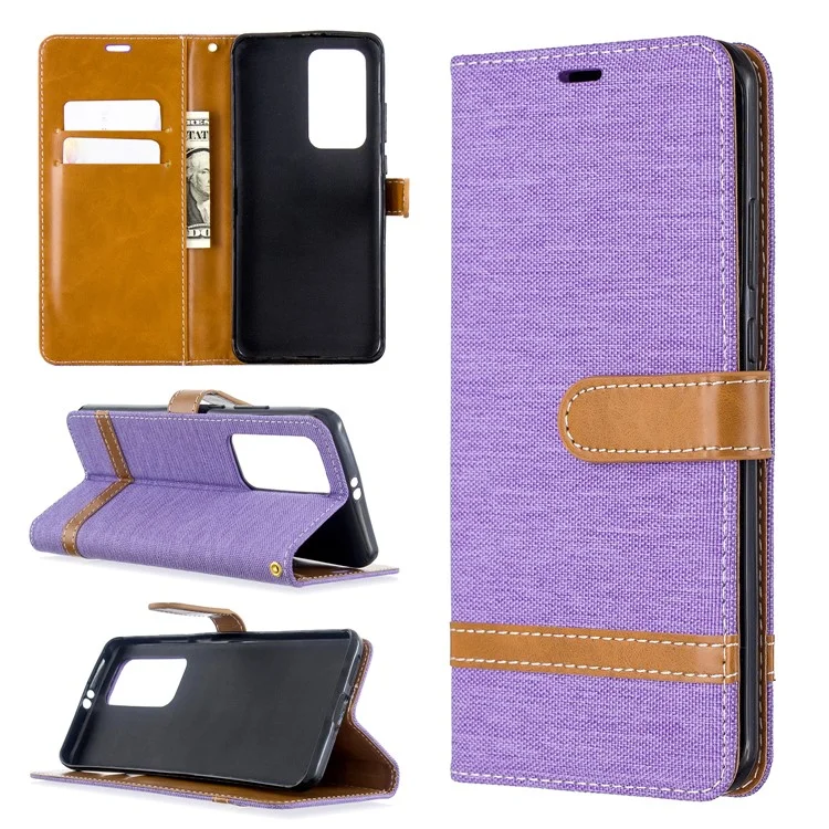 Étui de Portefeuille en Cuir en Tissu de Couleur Assortie Pour Huawei P40 Pro - Violet