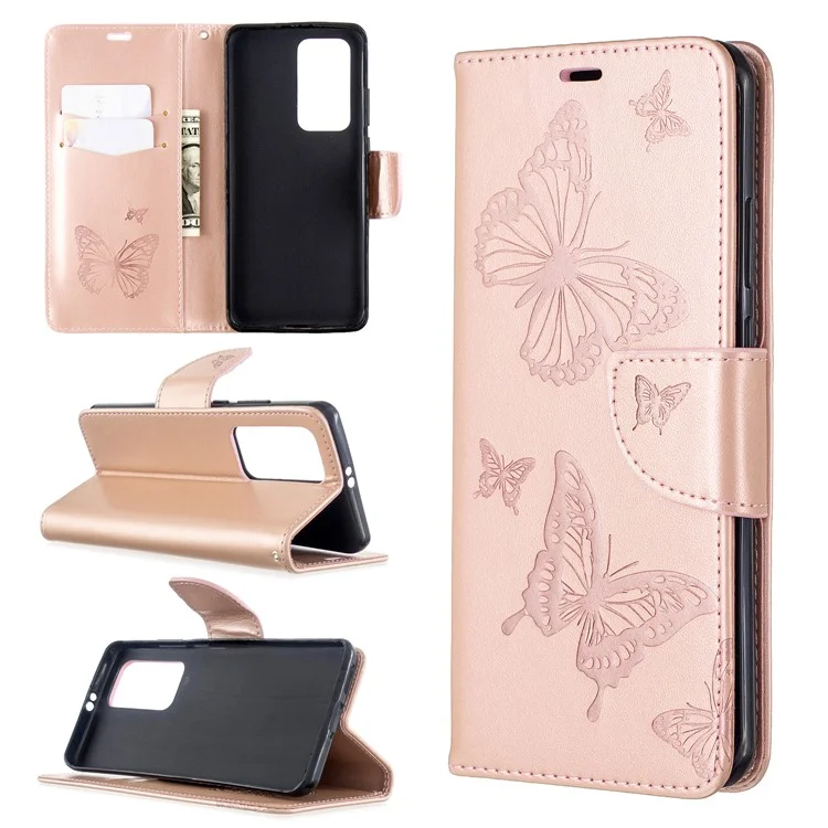 Empreinte Butterfly le Cuir Support Avec Des Emplacements Pour Cartes Pour Huawei P40 Pro - or Rose