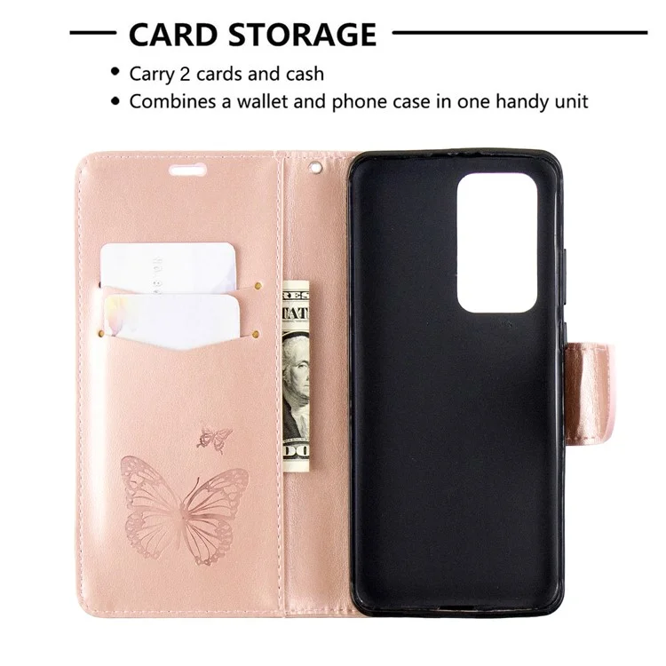 Empreinte Butterfly le Cuir Support Avec Des Emplacements Pour Cartes Pour Huawei P40 Pro - or Rose