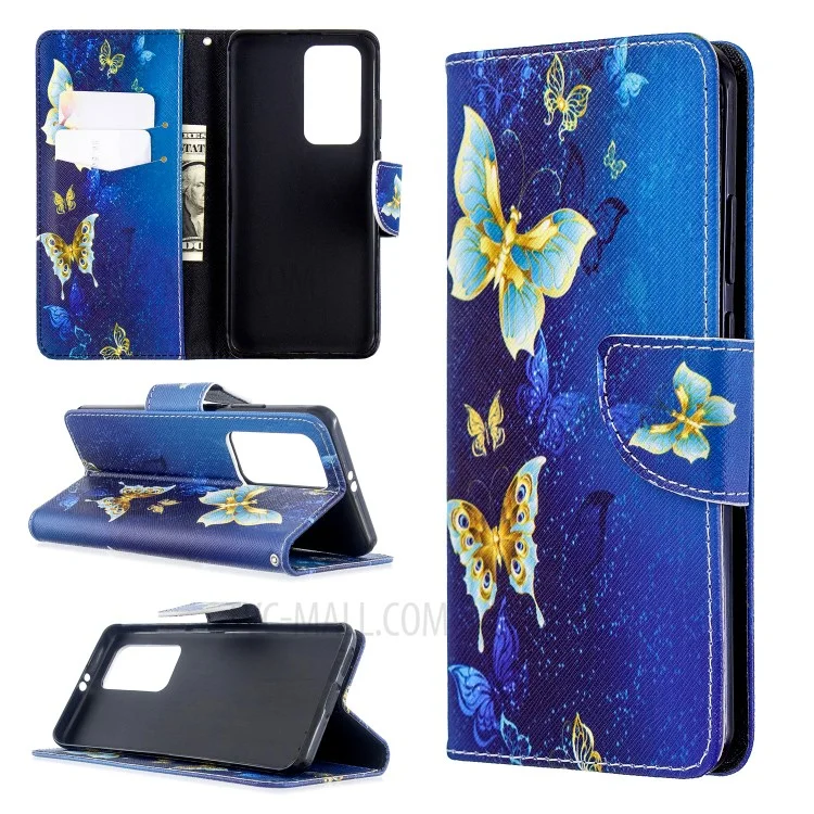 Pattern Printing Leather Wallet Case for Huawei P40 Pro - Gold Butterflies