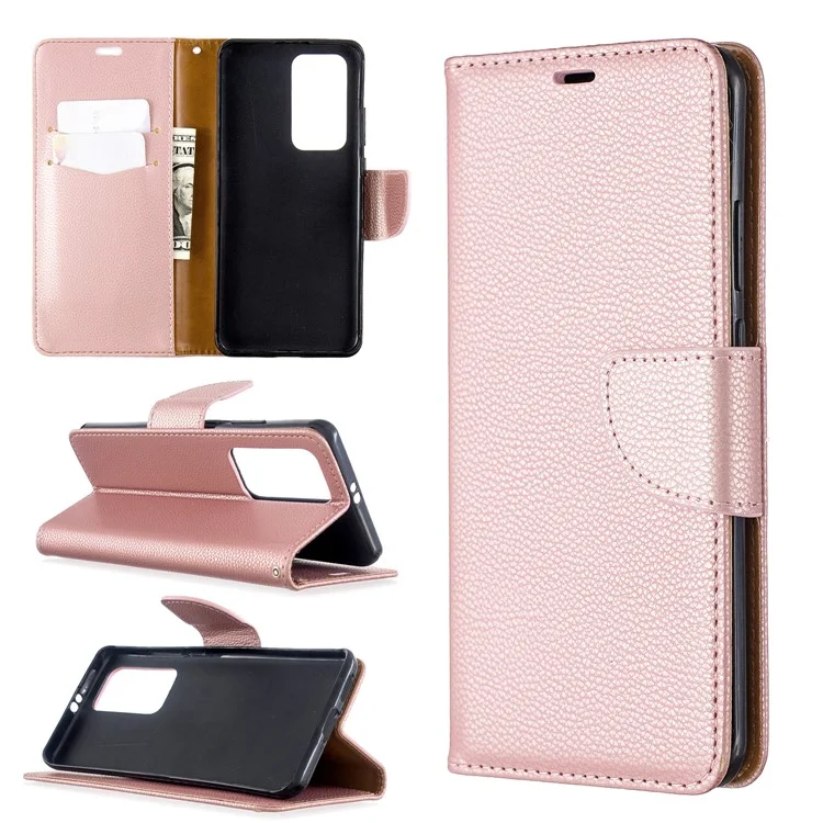 Litchi Skin Wallet Leather Stand Caso Para Huawei P40 Pro - Rosa Ouro