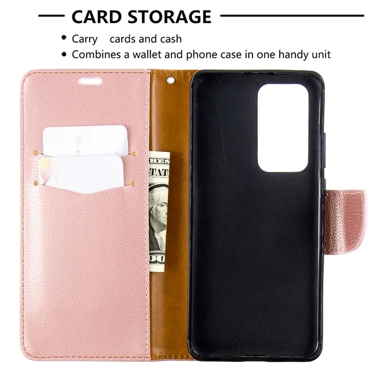 Litchi Skin Wallet Leather Stand Caso Para Huawei P40 Pro - Rosa Ouro