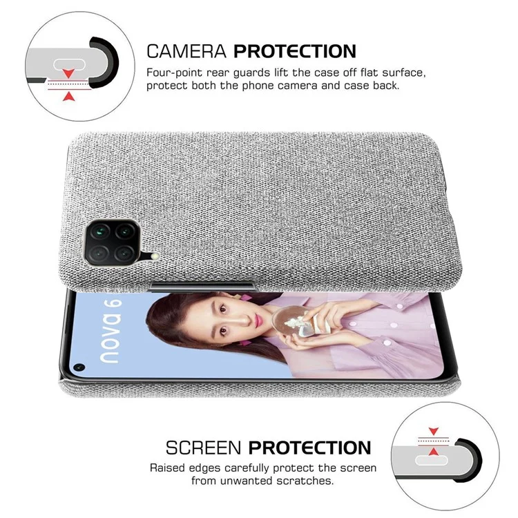 Capa de Telefone KSQ de Plástico Rígido Revestido de Tecido para Huawei P40 lite/nova 6 SE/Nova 7i - Cinza Claro