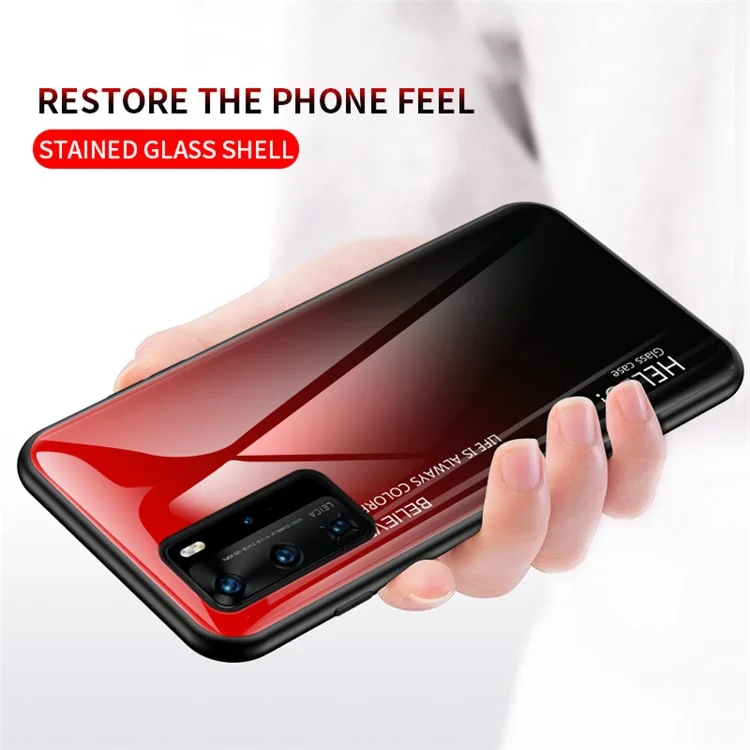 Vetro Temperato a Colore Gradiente + PC + Custodia Ibrida TPU Per Huawei P40 Pro - Rosso / Nero