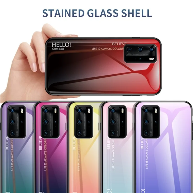 Gradiente de Vidrio Templado de Color + PC + TPU Hybrid Case Para Huawei P40 Pro - Rojo / Negro