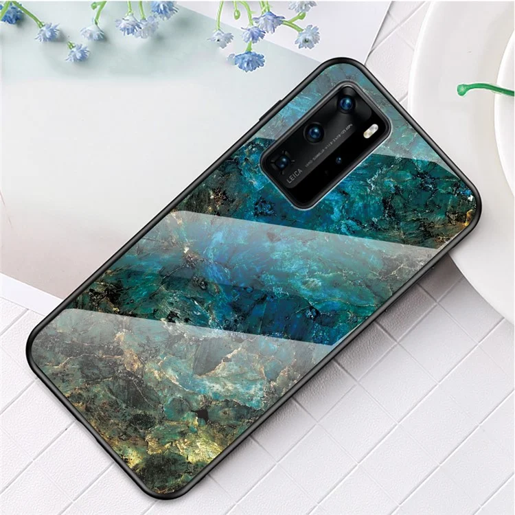 Glass Temperato di Trama in Marmo + PC + Guscio Ibrido TPU Per Huawei P40 Pro - Smeraldo