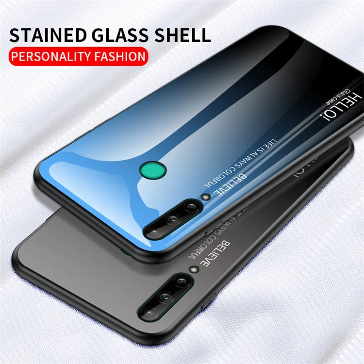Gradient Color Temperred Glass + PC + TPU Combo Back Shell Pour Huawei P40 Lite e / Y7p - Bleu Noir