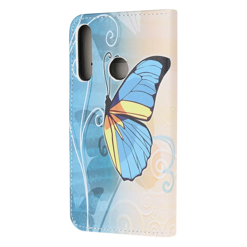 Cross Texture Patterned Stand Leather Shell Wallet Cover for Huawei P40 lite E/Y7p/Honor 9C - Blue Butterfly