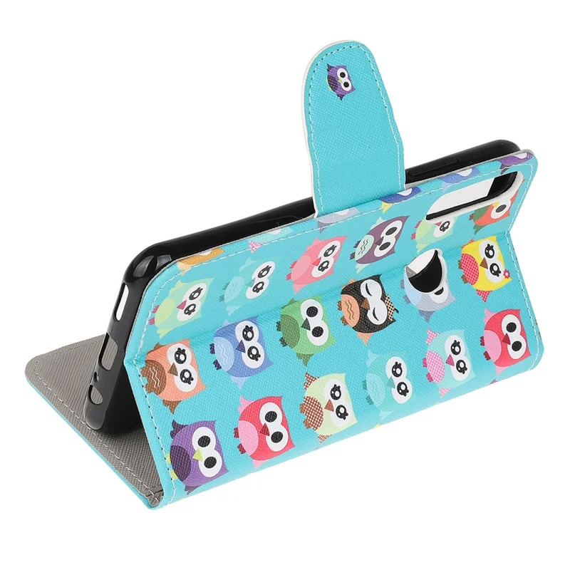 Cross Texture Patterned Stand Leather Shell Wallet Cover for Huawei P40 lite E/Y7p/Honor 9C - Cute Owls