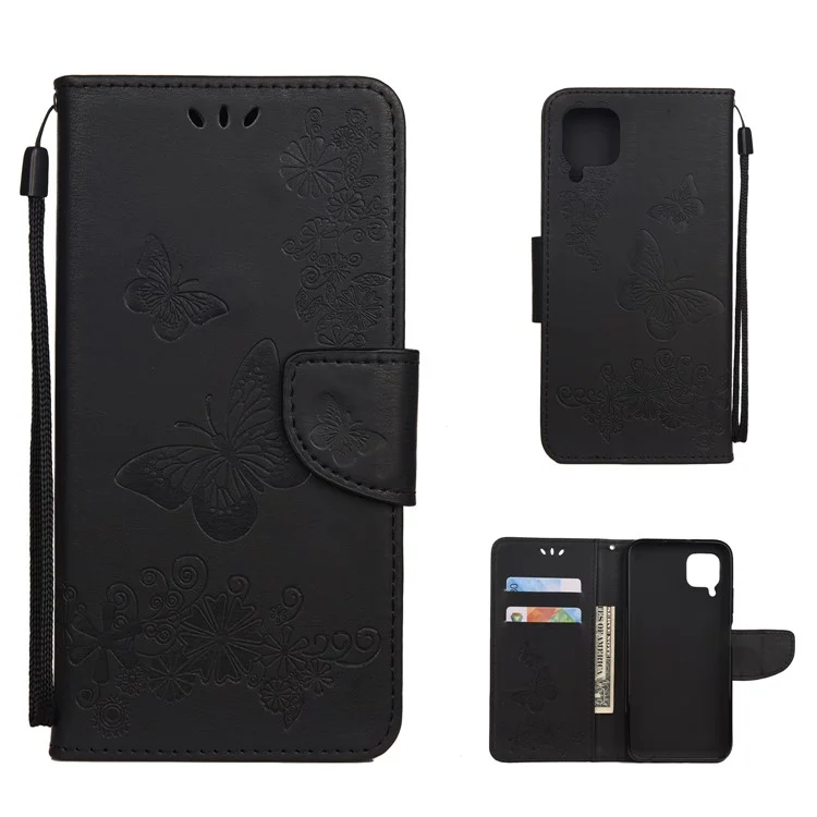 Imprint Butterfly and Flower Leather Wallet Case for Huawei P40 lite/nova 6 SE/nova 7i - Black