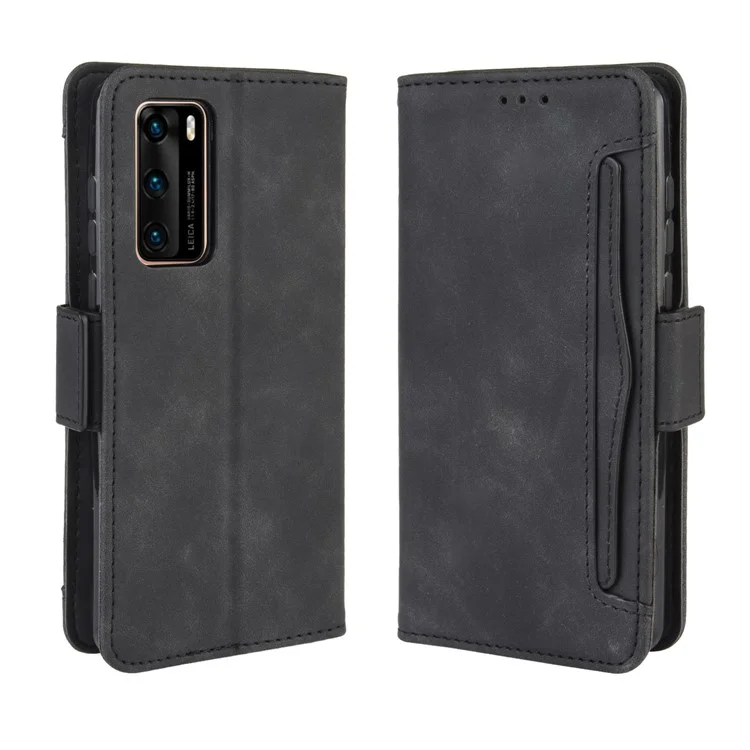 Multiple Card Slots Leather Wallet Stand Shell for Huawei P40 - Black