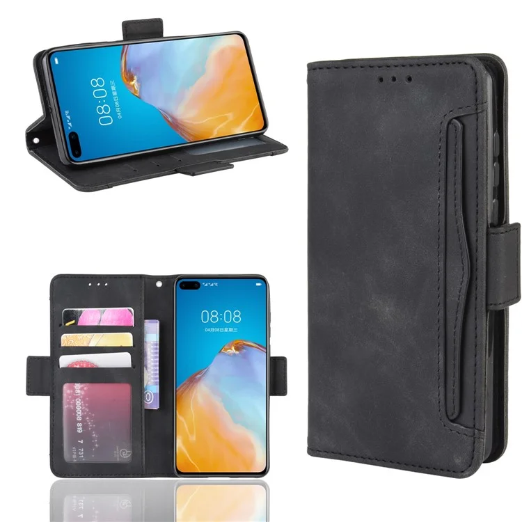 Multiple Card Slots Leather Wallet Stand Shell for Huawei P40 - Black