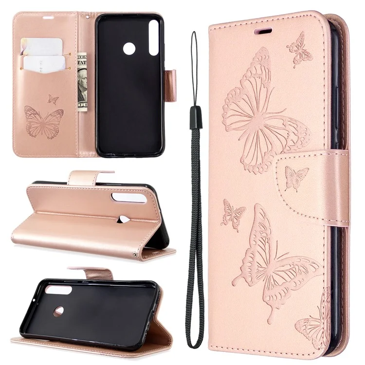 Imprint Butterfly Leather Wallet Case for Huawei P40 lite E / Y7p - Rose Gold