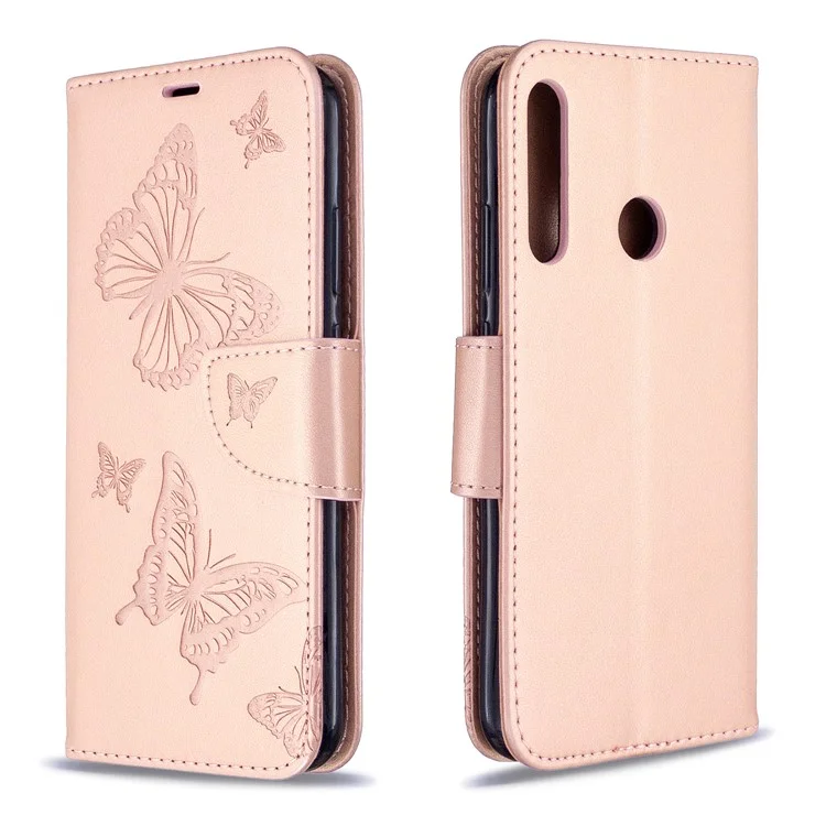 Imprint Butterfly Leather Wallet Case for Huawei P40 lite E / Y7p - Rose Gold