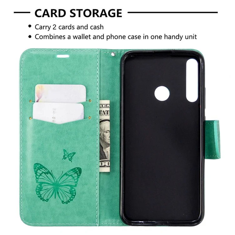 Imprint Butterfly Leather Wallet Case for Huawei P40 lite E / Y7p - Green