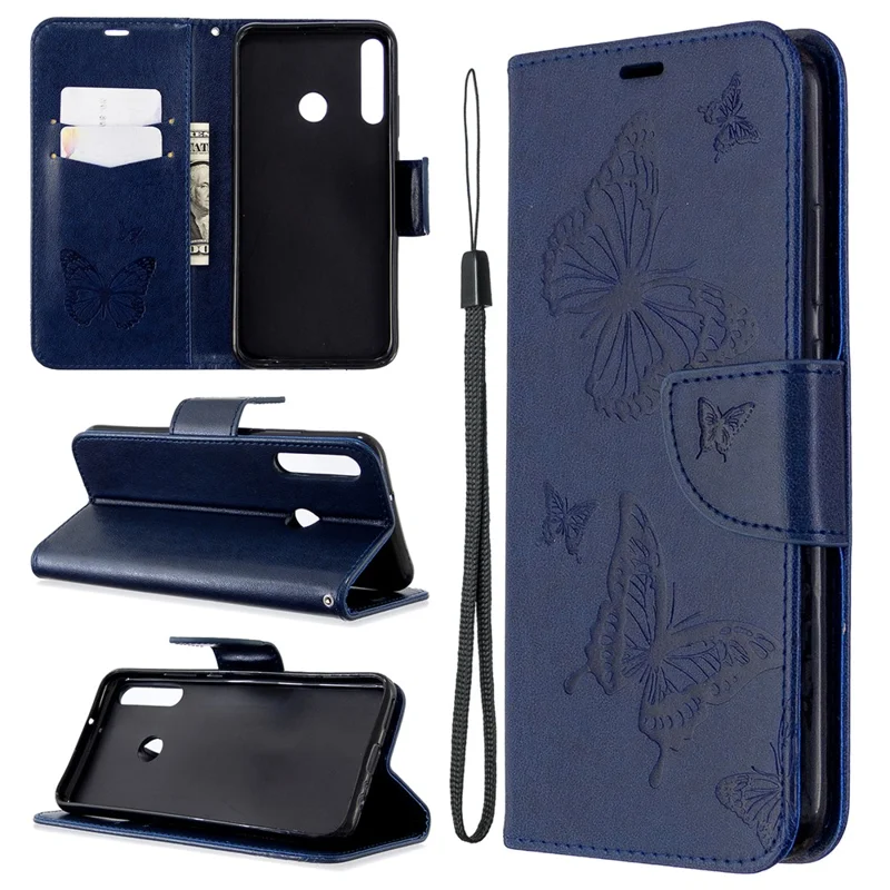 Imprint Butterfly Leather Wallet Case for Huawei P40 Lite E / Y7p - Blue